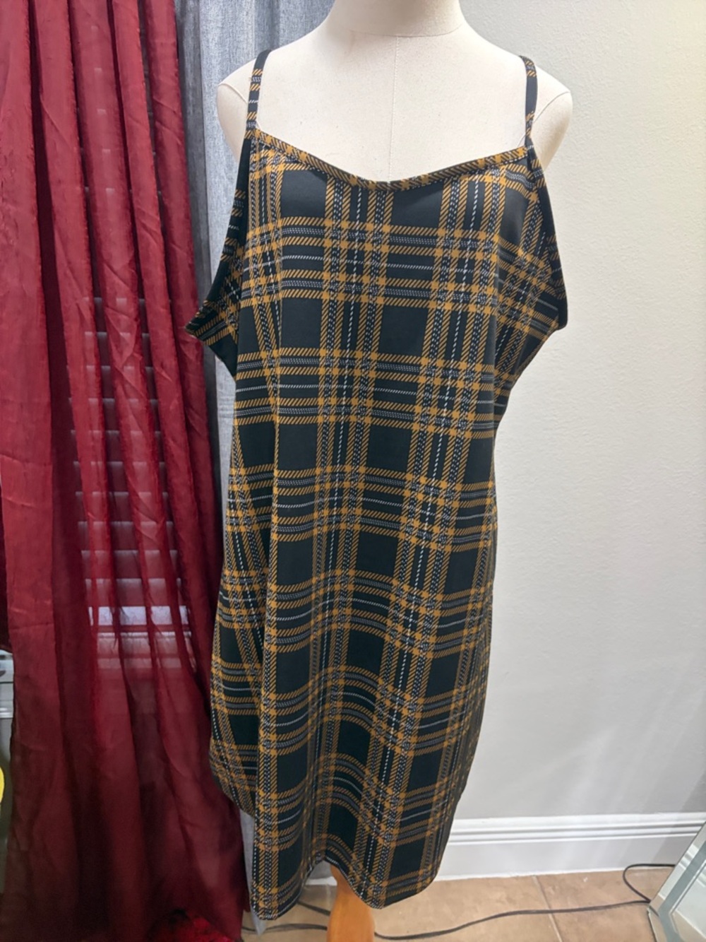 Black and Mustard Plaid Slip Dress